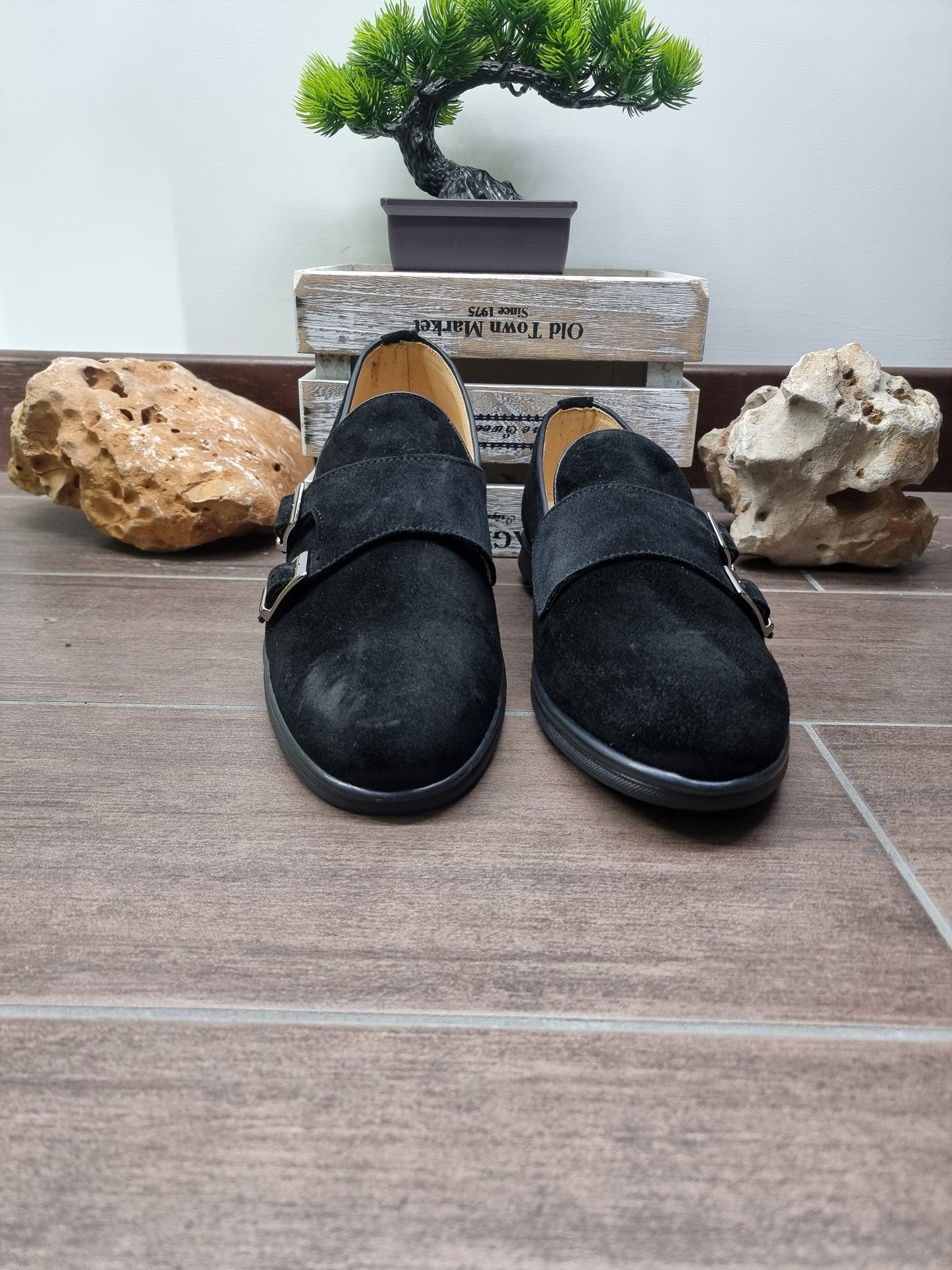 mocassini doppia fibbia in camoscio nero